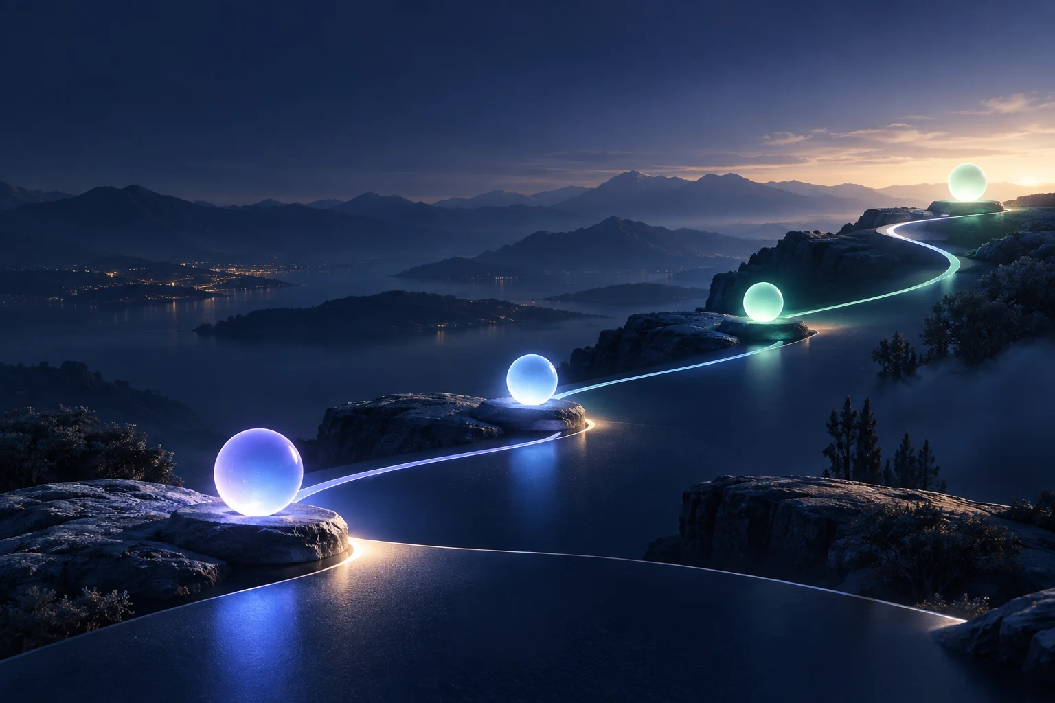 Un chemin lumineux relie des sphères, étape après étape, dans un paysage nocturne.