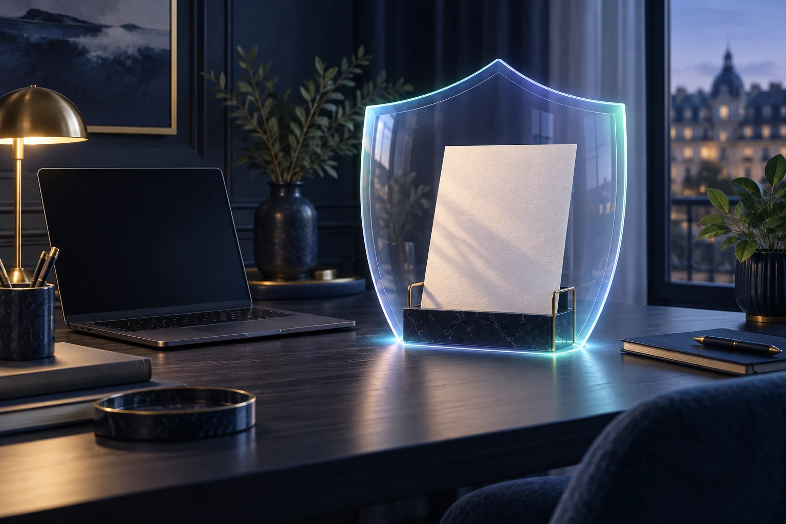 Un bouclier de verre lumineux protège un document posé sur un bureau, le soir.